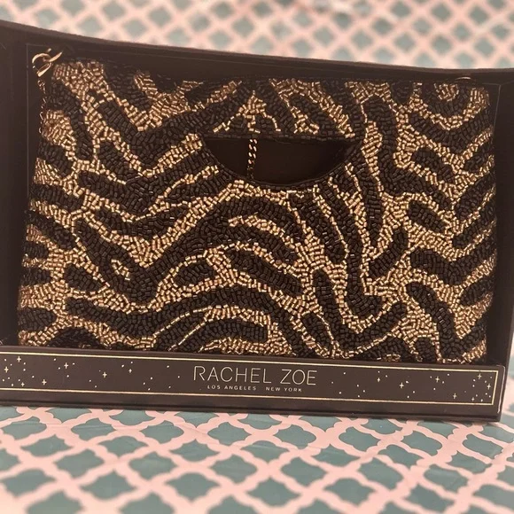 Rachel Zoe Zebra Pattern Beaded gold and black Clutch convertible NEW - Picture 5 of 5